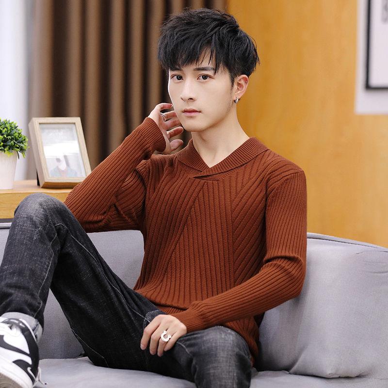 Fall/Winter Men's Lapel Sweater Fashion Personality Knitwear Pure Color Long Sleeve Youth Base Shirt