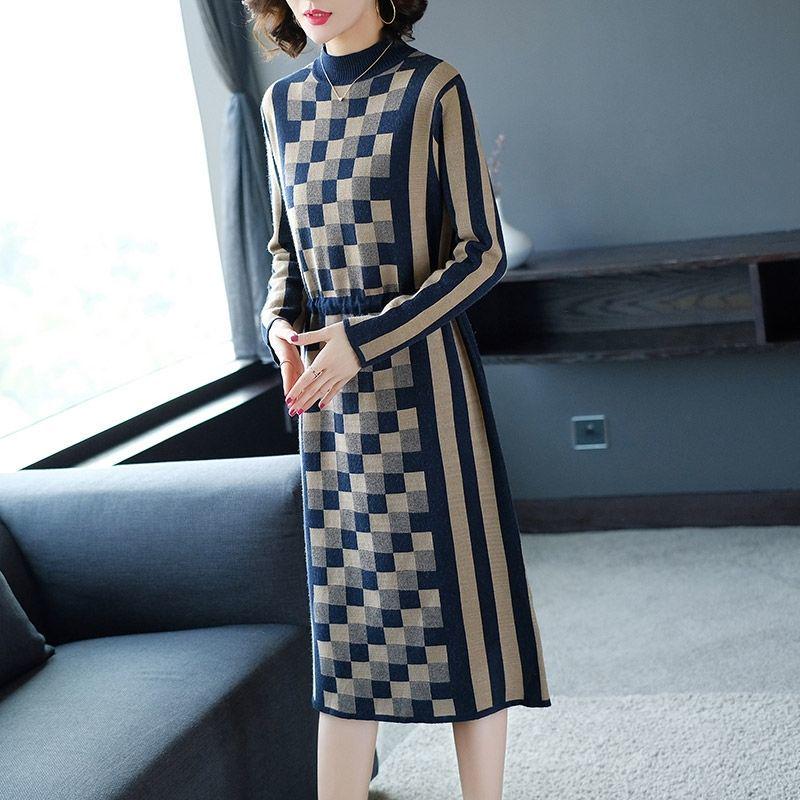 Autumn Winter Plaid Knitted Dress Women's Long  Bottoming Sweater Dress Slim High Neck Pullover Sweater with Sashes