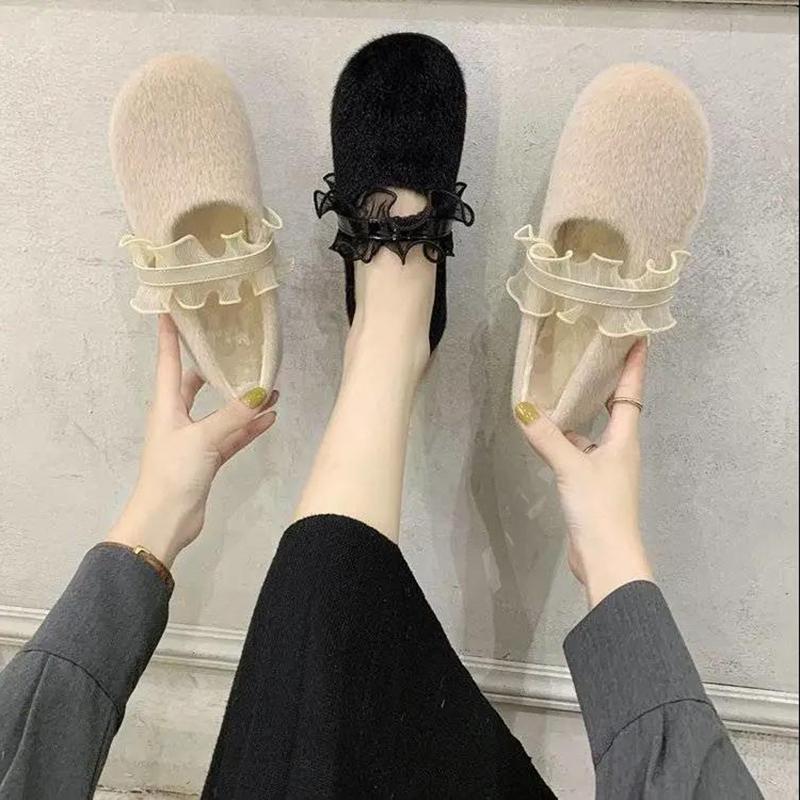 Round Toe All-match Shallow Mouth Peas Shoes Flat Fur Shoes Soft Sole Single Shoes Women's Pedal Lazy Shoes Ladies Moccasin Shoes