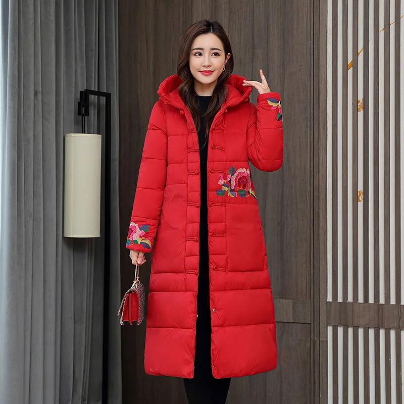 Winter Women's Ethnic Embroidery Down Jacket Mid-length Retro Buckle Hooded Cotton Jacket