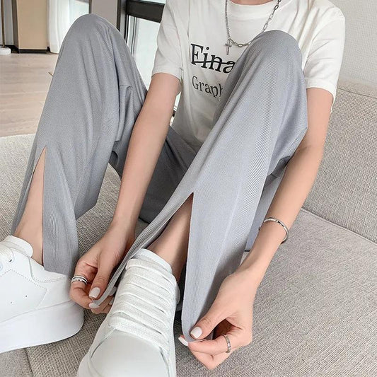 Women's Summer Ice Silk Split Wide Leg Pants Thin Section Large Size Loose and Thin High Waist Casual Pants Straight Trousers Fitness Jogging Pants