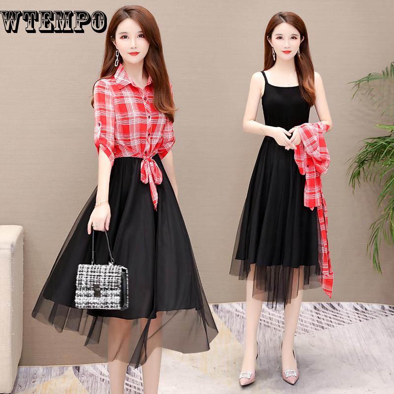 Dress Plaid Shirt Mesh Bottoming Skirt Suit Dress Female