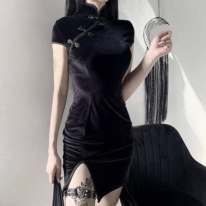 Women Chinese Style Suede Split Dress Slim Short Sleeve Short Dress Over The Knee Hip Dress