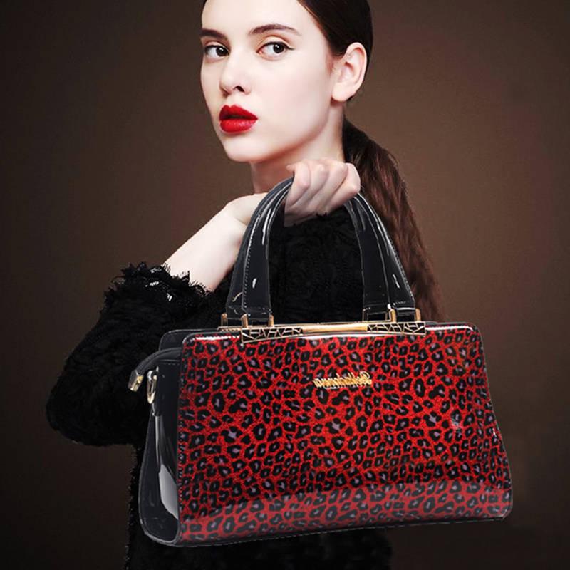 Womens Fashion Patent Leather Leopard Handbag Woman Messenger Bags Evening Shoulder Bags