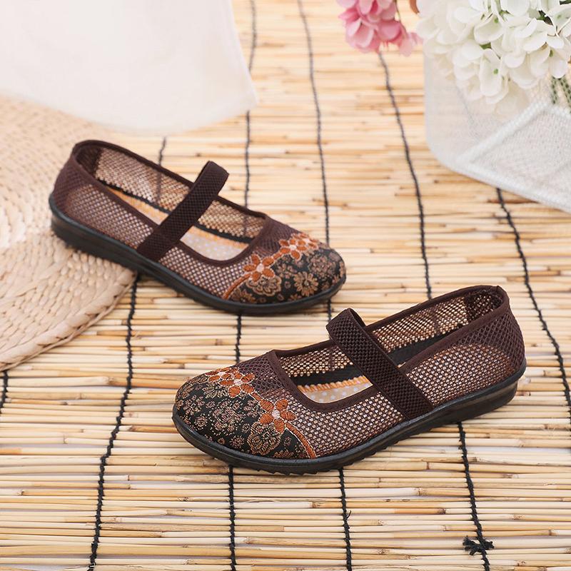 Old Beijing Cloth Shoes Women's Single Shoes Summer Mother Shoes Middle-aged and Elderly Breathable Mesh Shoes Flat Hollow Cloth Shoes