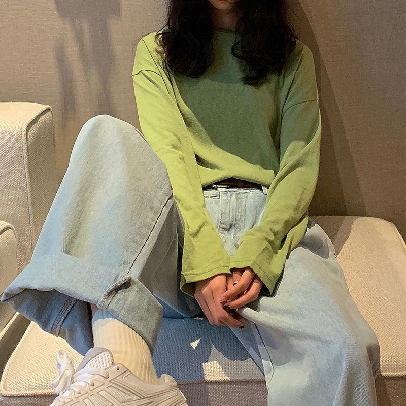 Fall Women's Round O-neck Autumn Long Sleeve Casual Loose T-shirt Blouse Pure color Leisure Tee