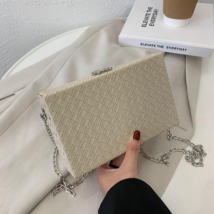 Women Box Bag Print Casual Clutch Purse Shoulder Crossbody Bags Weave Pattern Metal Chain Pu Leather
