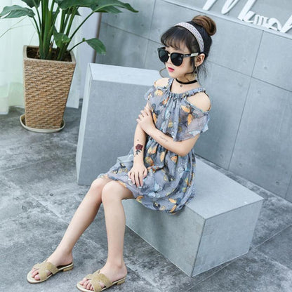 Children's Fashion Dress Girl Casual Off Shoulder Halter Above Knee Dresses Korean Girl's Dress Beach Dress Fold Print Butterfly