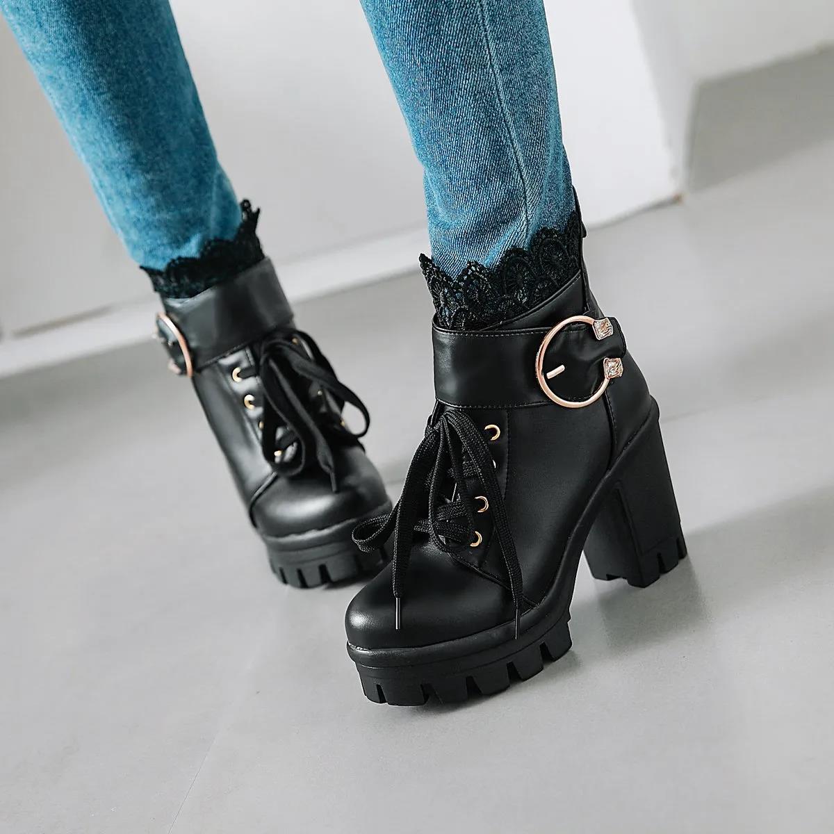 Women's Autumn and Winter Back Zipper High-heeled Martin Boots Large Size Solid Color Lace Thick Heel Waterproof Ankle Boots