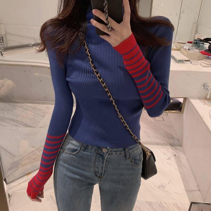 Pofulove Net Red Color Matching Sweater Women's Retro Wild Style Slim Bottoming Sweater Long Sleeve