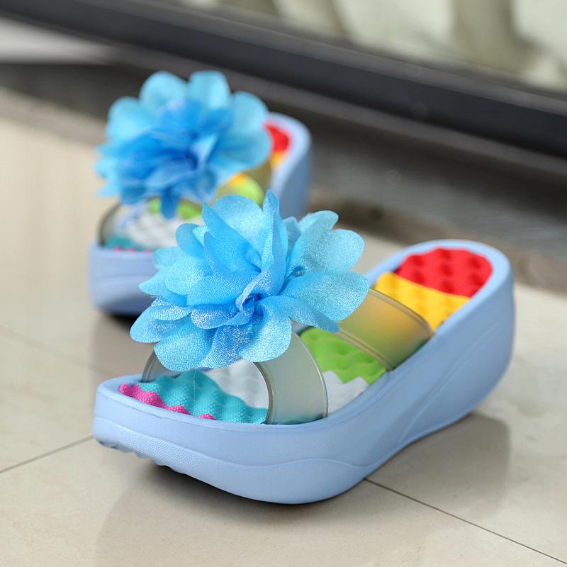 Summer Foam Sandals Women's Ultra-light Beach One-word Slippers Thick-soled High-heeled Flowers Home Non-slip Women's Slippers