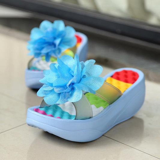 Summer Foam Sandals Women's Ultra-light Beach One-word Slippers Thick-soled High-heeled Flowers Home Non-slip Women's Slippers
