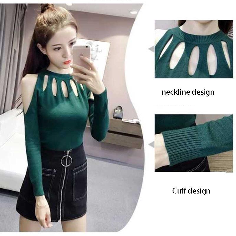 Pofulove Women Knitted Pullovers Sexy Off Shoulder Sweater  Long Sleeve Knitted O-neck Female Jumper