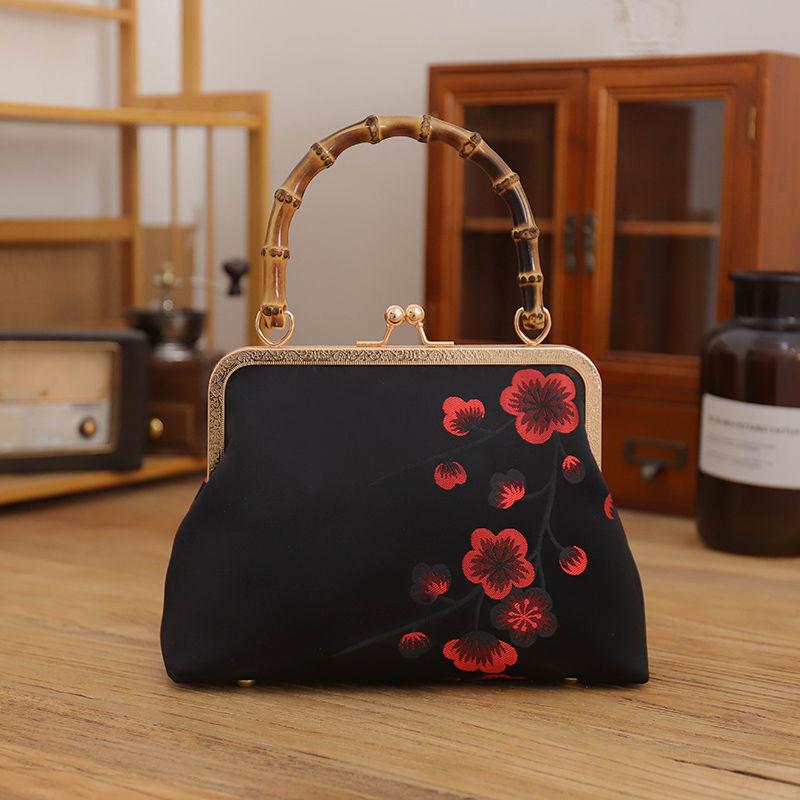 Ethnic Style Women Silk Flowers Printing Handbag Messenger Dual Purpose Exquisite Elegant Doctor Bag