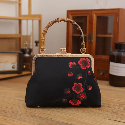 Ethnic Style Women Silk Flowers Printing Handbag Messenger Dual Purpose Exquisite Elegant Doctor Bag