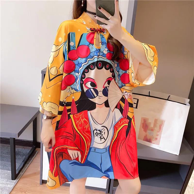 Peking Opera Facial Makeup Summer Dress Knee-length Size M-XXL Chinese Style Print Dress