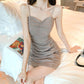 Women's Summer Tight Pleats Show Thin and Sexy Dress with Short Buttocks and Solid Color Suspender