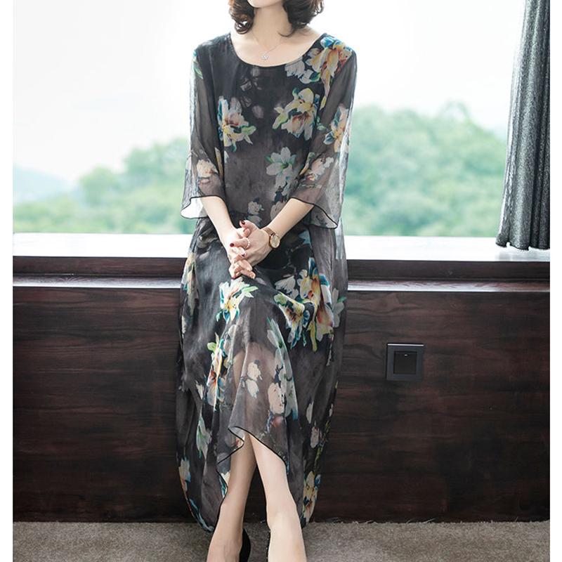 Women's Printed Skirt Loose Round Neck Dress Concealed Belly Thin Large Size Dress Long Printed Skirt Light and Breathable Fabric