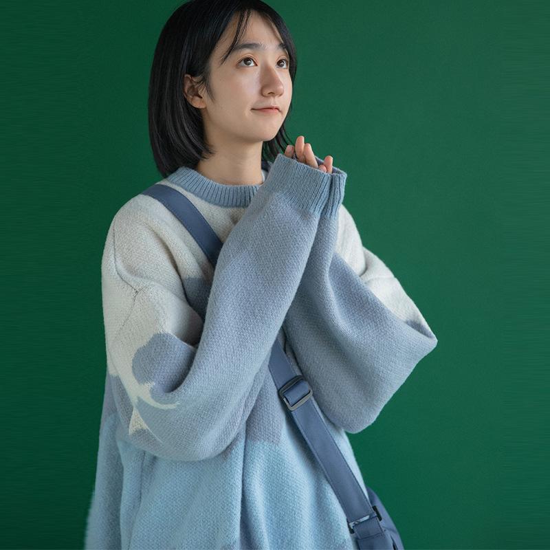 Autumn and Winter Oversize Knitting Sweater Color Matching Jumper Clothes Loose Casual Student Girls Sweaters Women Color Stitching Knit Pullover Tops