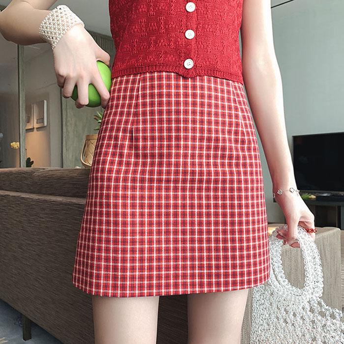 Summer Women Retro Plaid High Waist Skirt Anti-light Thin Bag Hip Skirts Mini A-line Skirt