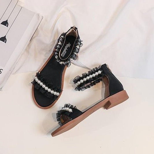 One Word Strap Sandals Women Low-heel Roman Back Zipper Flat Shoes Sweet Style Ladies Sandals Low-heel Sandals Sweet and Cute