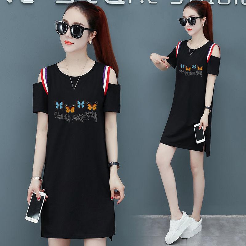 Cotton Fabric Dress Summer Loose Short-sleeved Mid-length T-shirt Women's Off-shoulder Skirt Round Neck Short-sleeved Loose Casual Straight Skirt