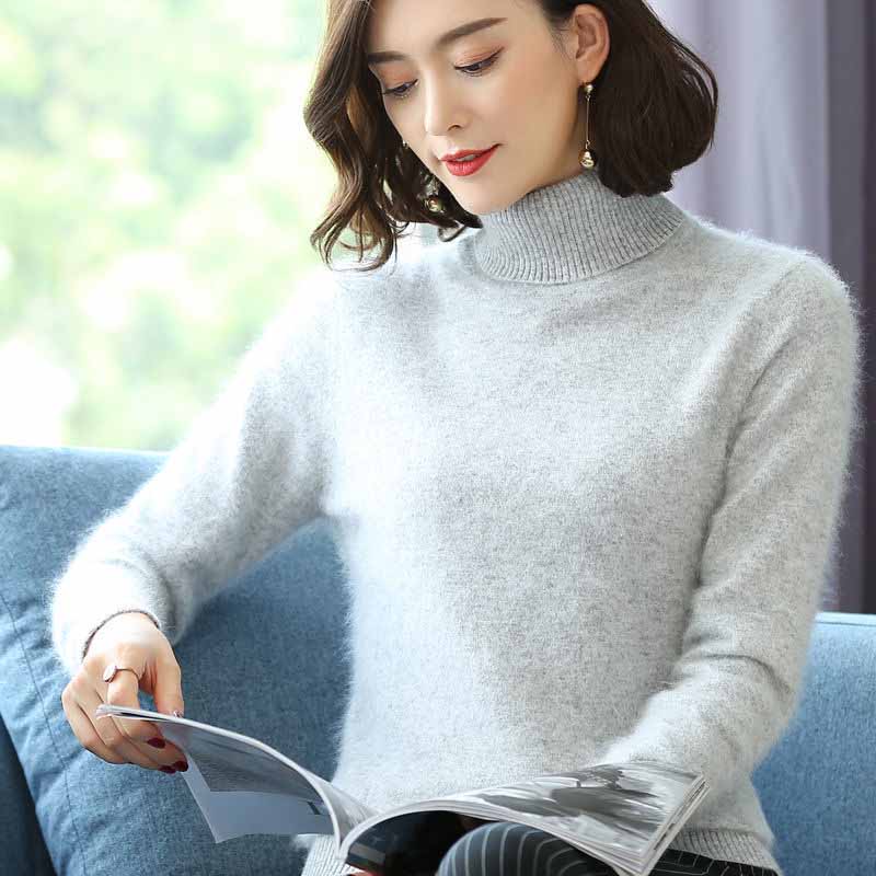 Women's Turtleneck  Mink Sweater Thick Warm Slim Pullover Sweater 100% Real Mink Hair Fuzzy Sweater