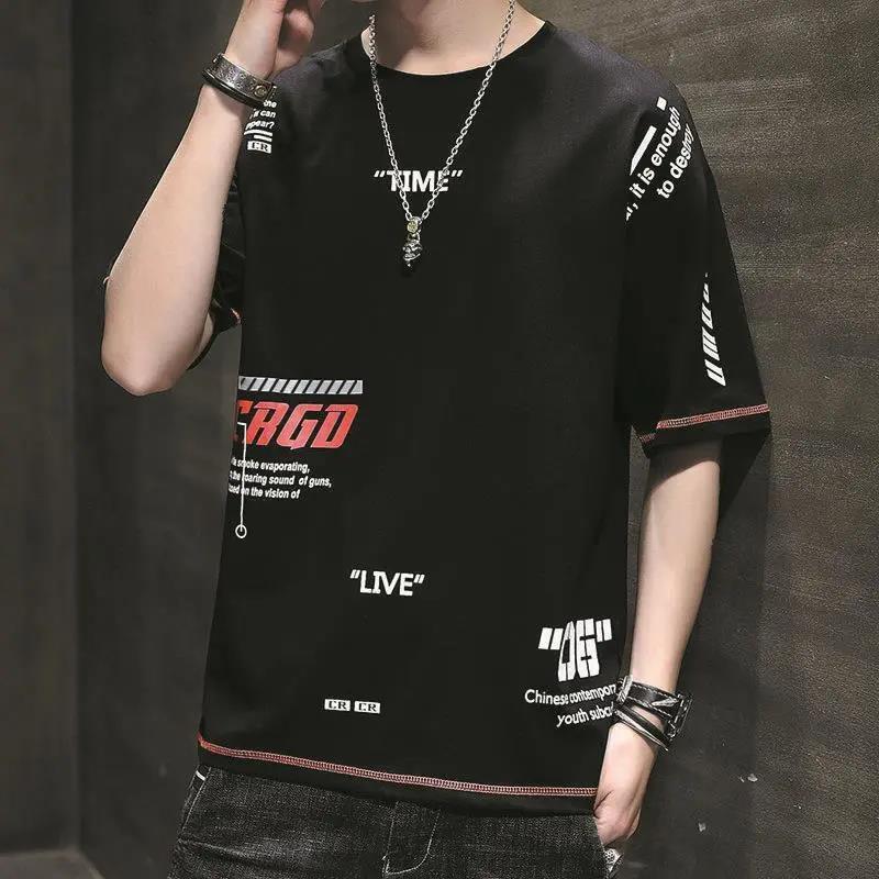 T-shirt for Men O-neck Short Sleeve Thin Shirt Korean Trendy Alphabet Print Tees Soft Casual Loose Pullover for Youth