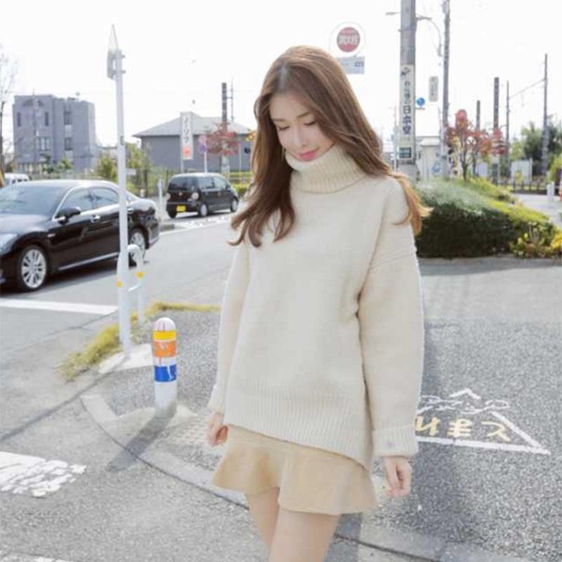 PofuLove Winter New Student Turtleneck Sweater Women Thick Yellow Loose Mid-length Knitted Top