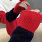 Pofulove Women's Color Block Knit Sweater Loose Long Sleeve O-Neck Pullover Sweater Jumper