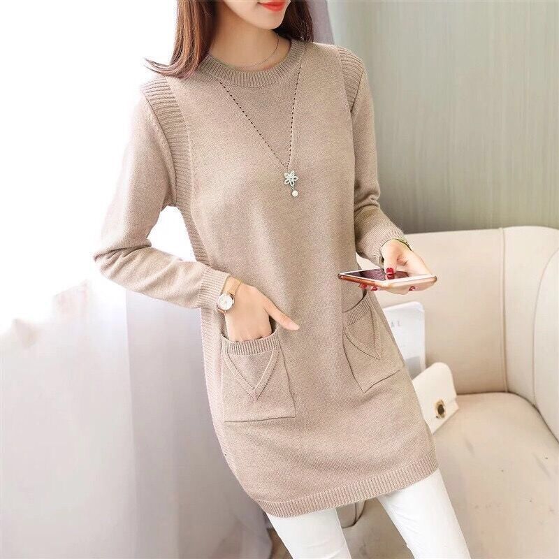 Women's Mid-length Knit Sweater  dress Winter Loose Round Neck Pullover Sweater Thick Knitwear Skirt with Pockets
