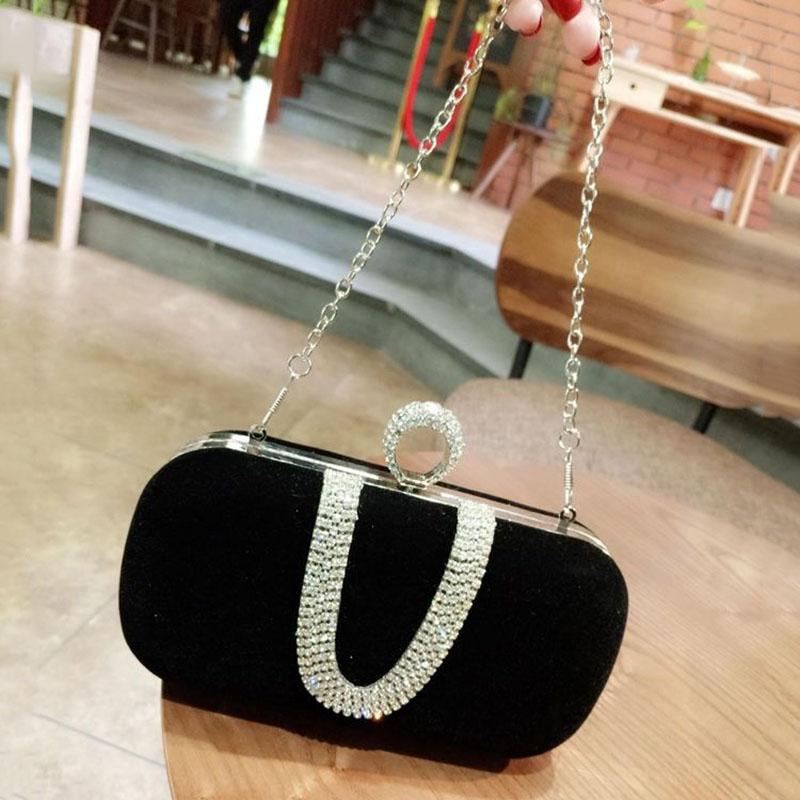 Rhinestones Suede Banquet Elegance Luxury Women's Black Clutch Bag Shoulder Bag Ladies Wedding Evening Bridal