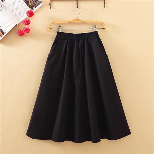 Women Maxi White Cotton Skirt Girl Casual Midi Elastic High Waist Plus Size Flare A Line Pure Color Pocket Summer Skirts Female