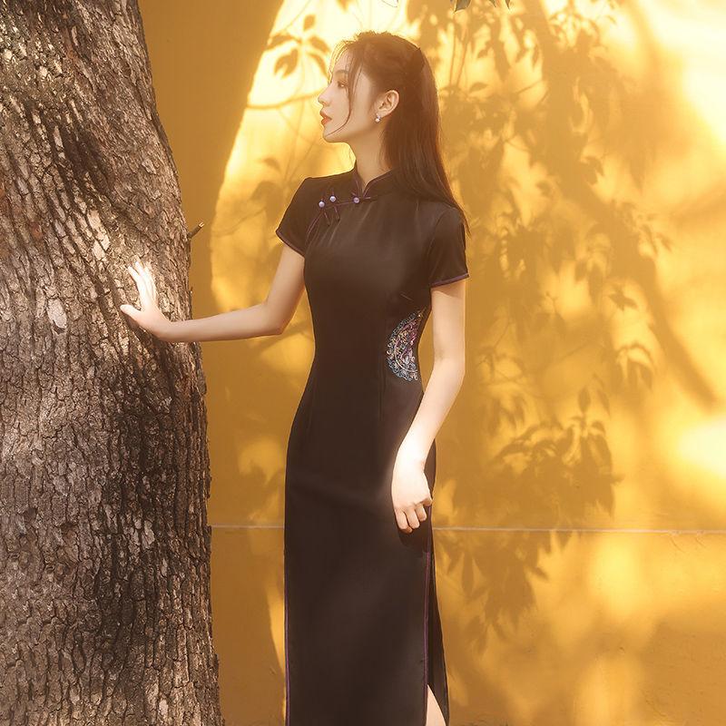 Elegant Dress Retro Chinese Style Cheongsam Summer Short-sleeved Chinese Style Retro Improved Long Daily Dress Slim Sexy