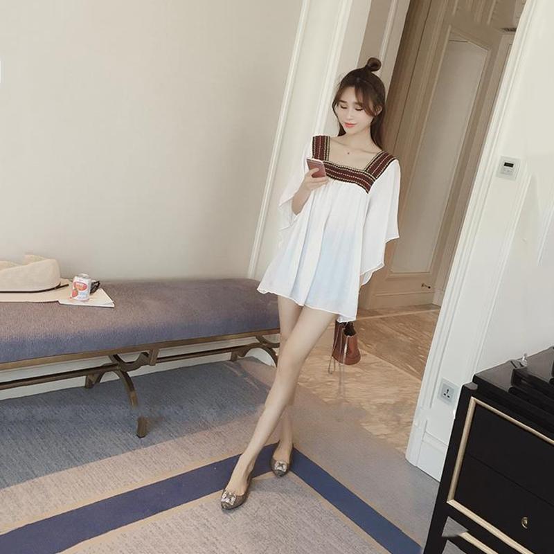 Ethnic Style Chiffon Dress Women Loose and Thin Bat Sleeves Large Size Square Neckline above knee Solid Color