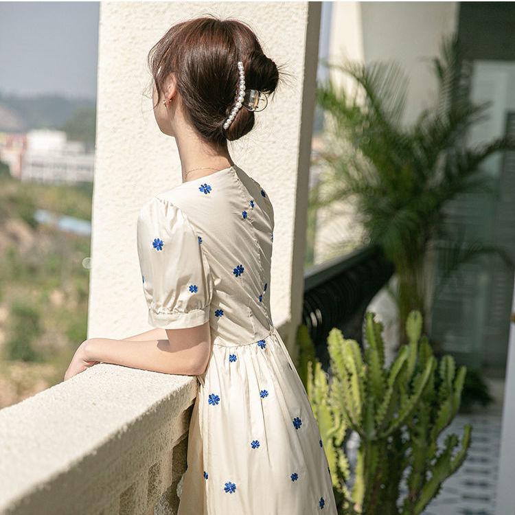 Female Summer Vintage Floral Print Square Neck High Waist Dress Slim Elegant Holiday A-line Dress