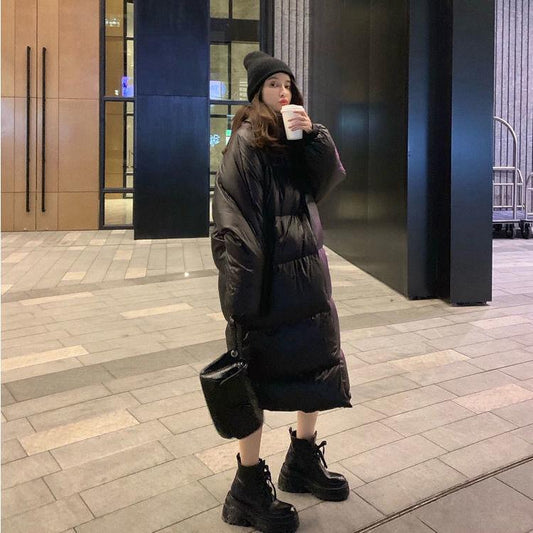 Glossy Down Jacket Mid-length Knee-length Loose Casual Long Hooded Cotton Jacket Casual Down Jacket
