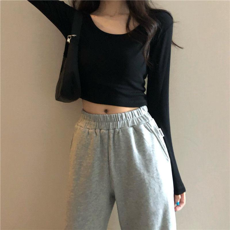 Spring Fall Summer Fashion Women Clothes Cotton Round Collar Long Sleeves Elastic High Waist Sexy Pullover