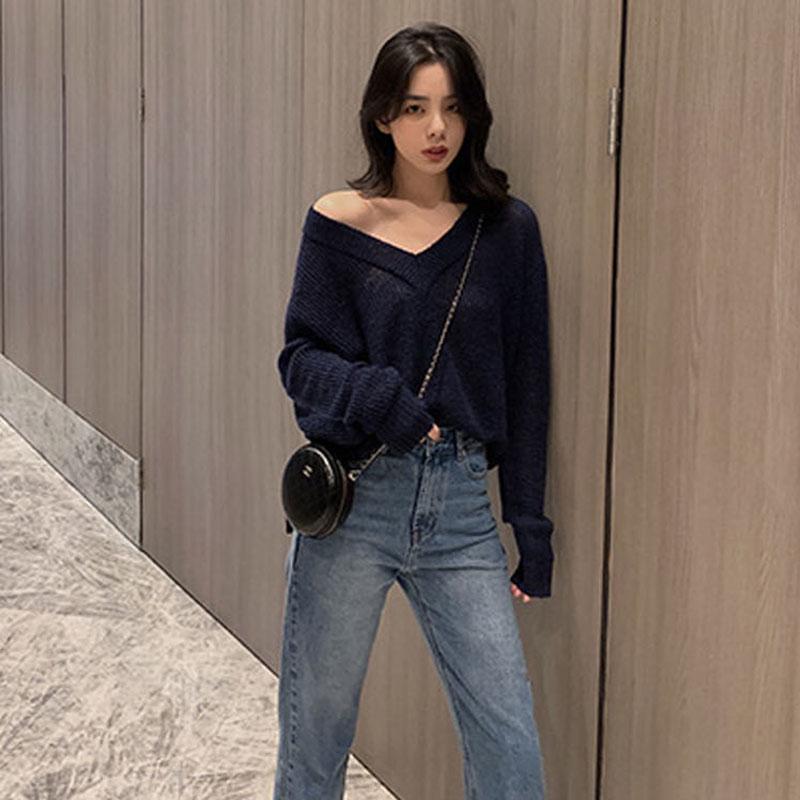 Autumn Fashion Sweater Casual Simple Loose Jacket Short V-neck Hollow Young Women's Bottoming Shirt