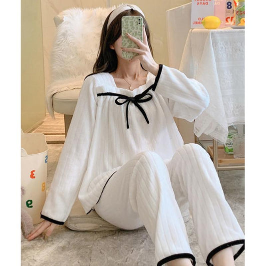 Women's Autumn Winter Coral Fleece Pajamas Set Cute Bow Square Collar Thickened Flannel Homewear Suit Loose Striped Pyjamas Pants Two-piece Set