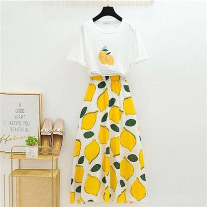 Fashion Women Top Skirt Two-piece Set Summer Printed T-shirt High Waist Long Pleated Skirt Outfits