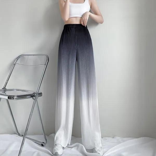 Gradient Color Ice Silk Wide-leg Pants Women's High-waisted Slim Drape Loose Straight Casual Pants Summer Printed Trousers