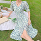 Women's Summer Long Dress V-neck Floral Puff Sleeve A-Line Dress