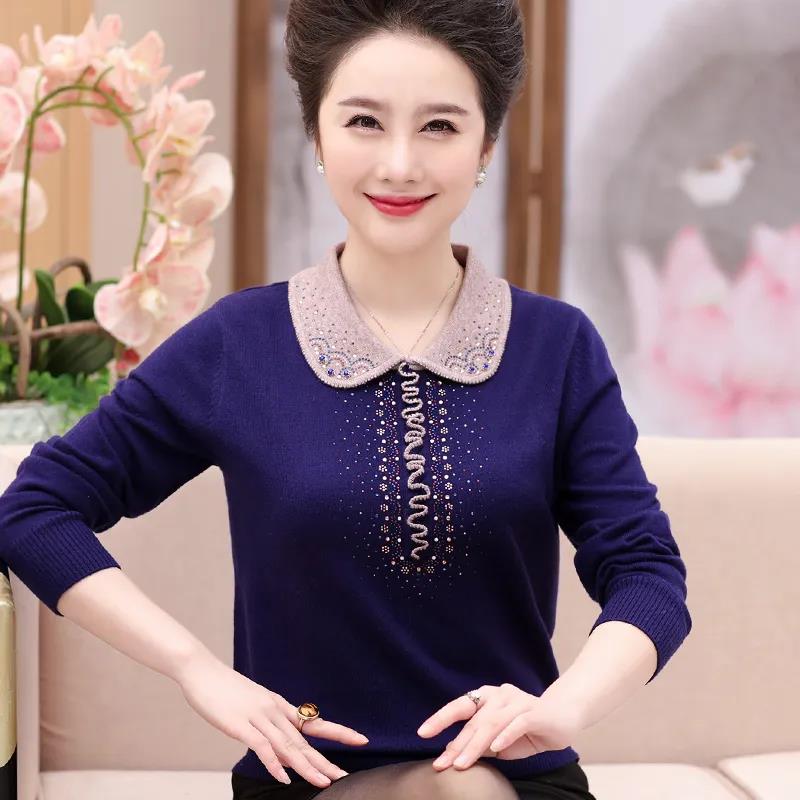 Women's Woolen Sweater Solid Color Sticky Diamond Long-sleeved Sweater Lapel Loose Plus Size Top M-5XL