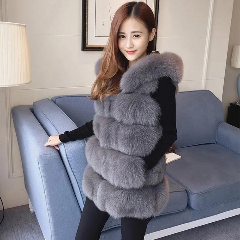 Faux Fur Vest Women's Mid-length Autumn and Winter New Style Hooded Thick Warm Fur Vest Stitching Jacket Women's Comfort and Softness