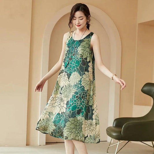 Women's Print Sleeveless Round Neck Dress Summer Loose Mid Length Skirt