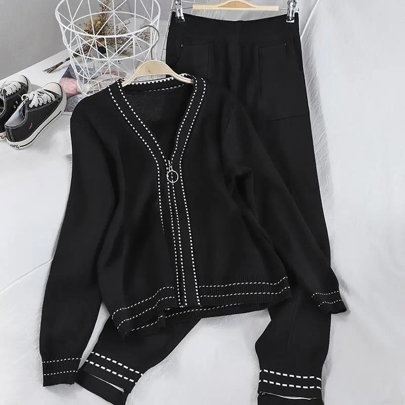 Women Knitted Tracksuit V-neck Sweater Casual Suit Autumn Winter 2 Piece Set Knit Pants Sporting Suit Femme Clothing