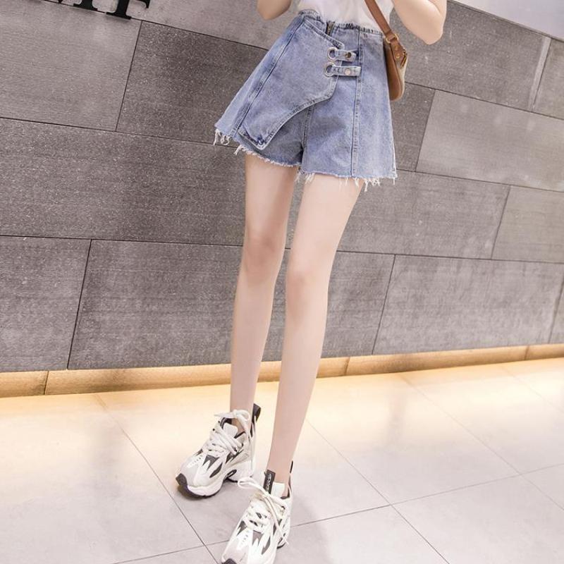 Women's High Waist Denim Shorts Summer Thin and Loose Korean Version of All-match Irregular Straight A-line Wide-leg Pants