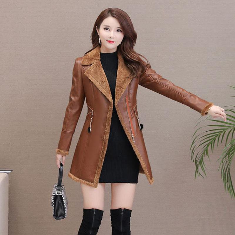 Winter Leather Jacket Fashion Slim PU Leather Lapel Leather Jacket All-match Large Size Leather Coat for Women