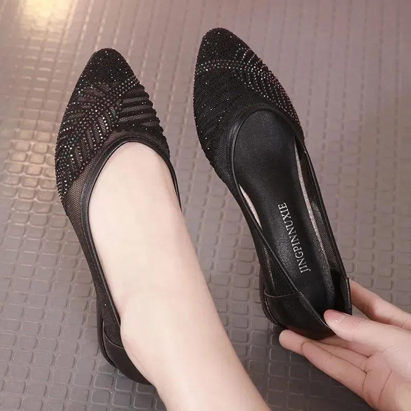Mesh Sandals Women's Soft Leather Summer Hollow Breathable Low-heeled Shoes Pointed Toe Shoes Shallow Casual Shoes Single Shoes